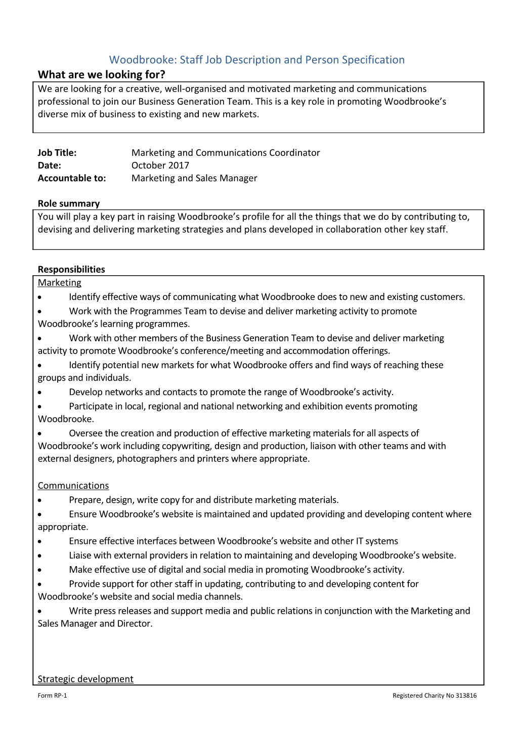Woodbrooke: Staff Job Description and Person Specification