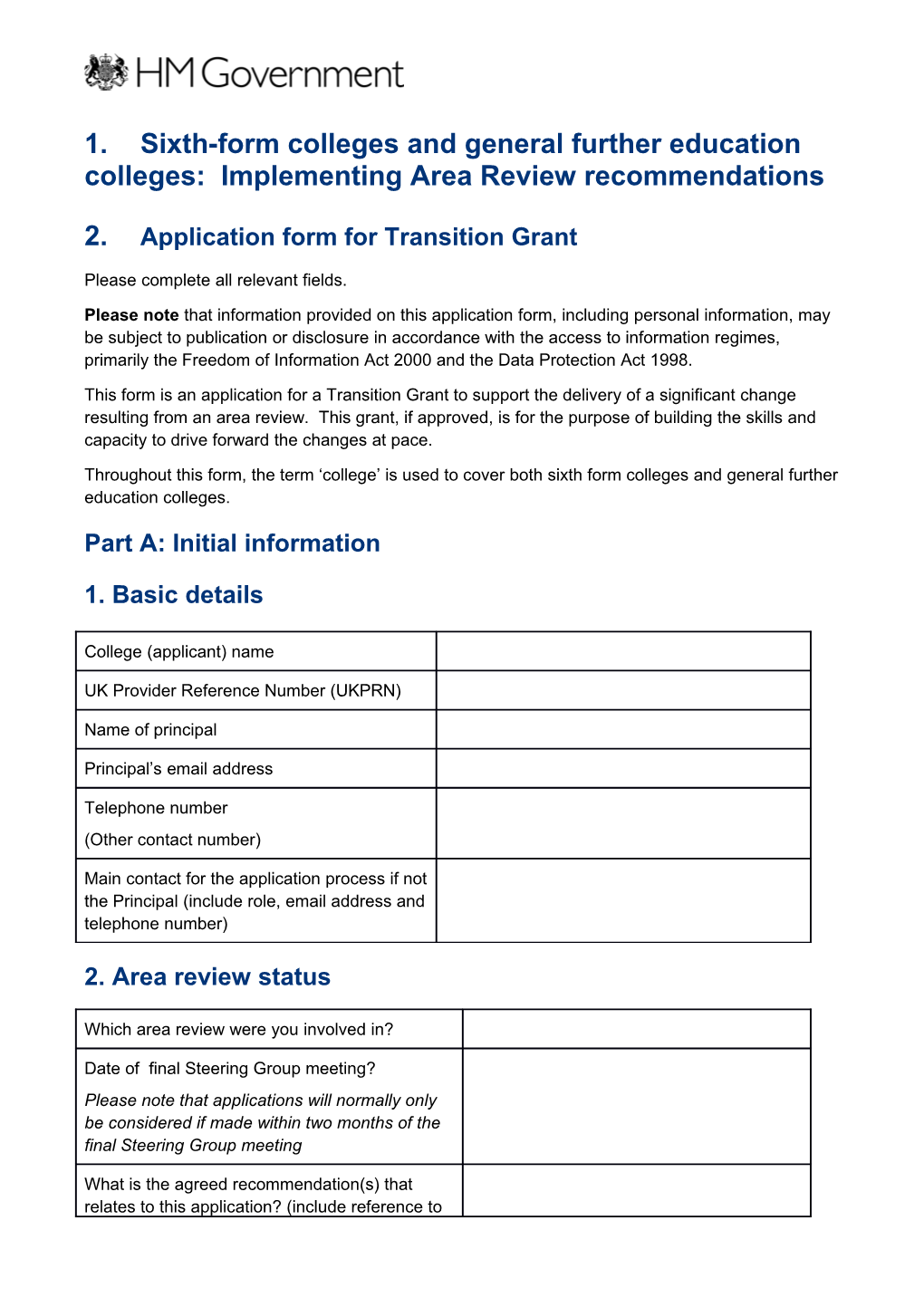 Application Form for Transition Grant
