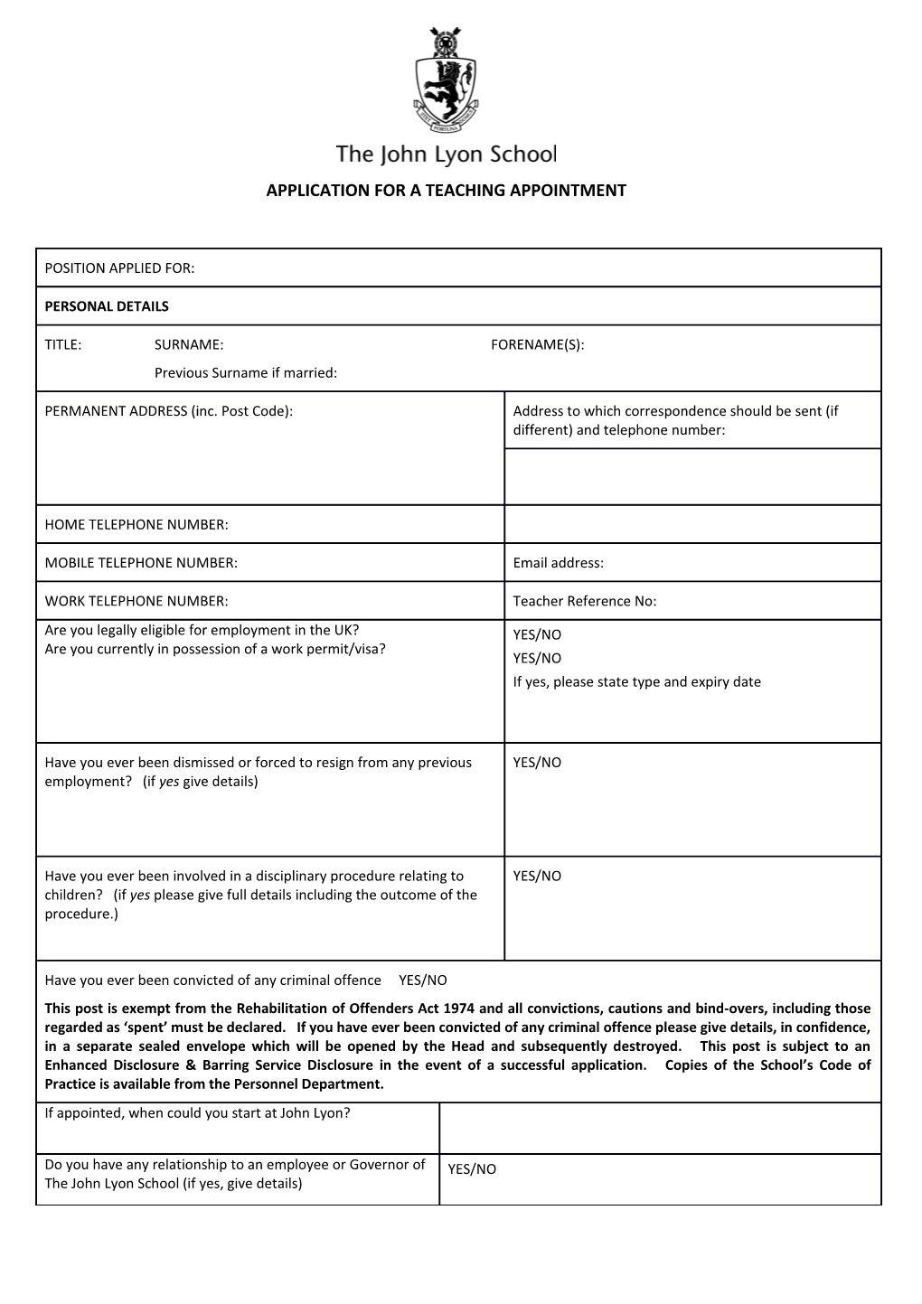 Application for a Teaching Appointment