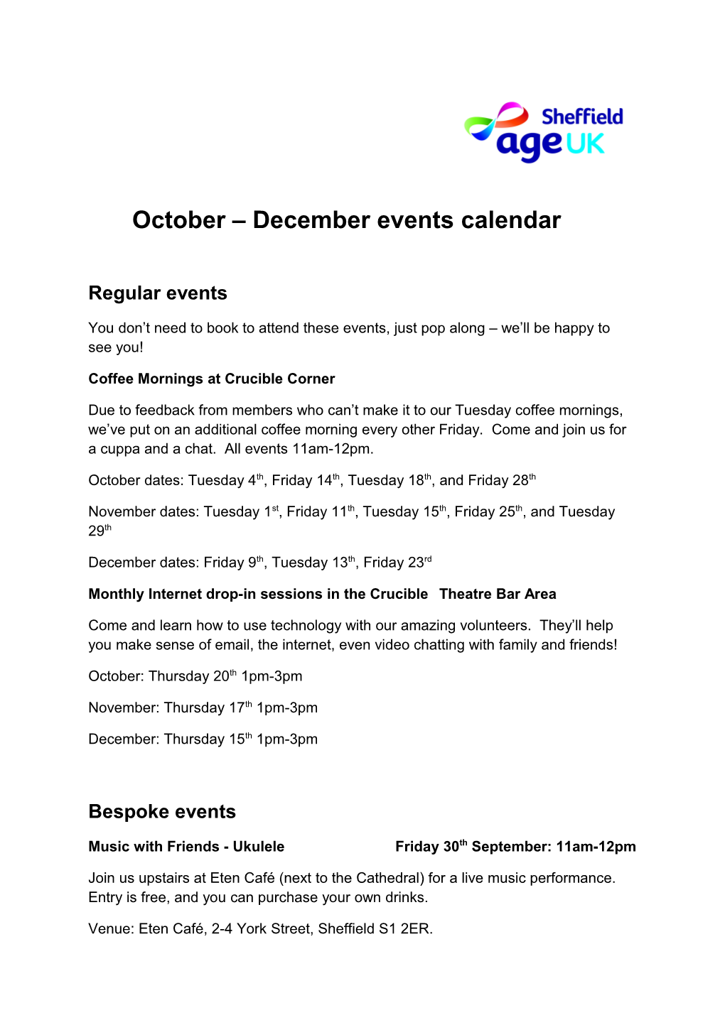October December Events Calendar
