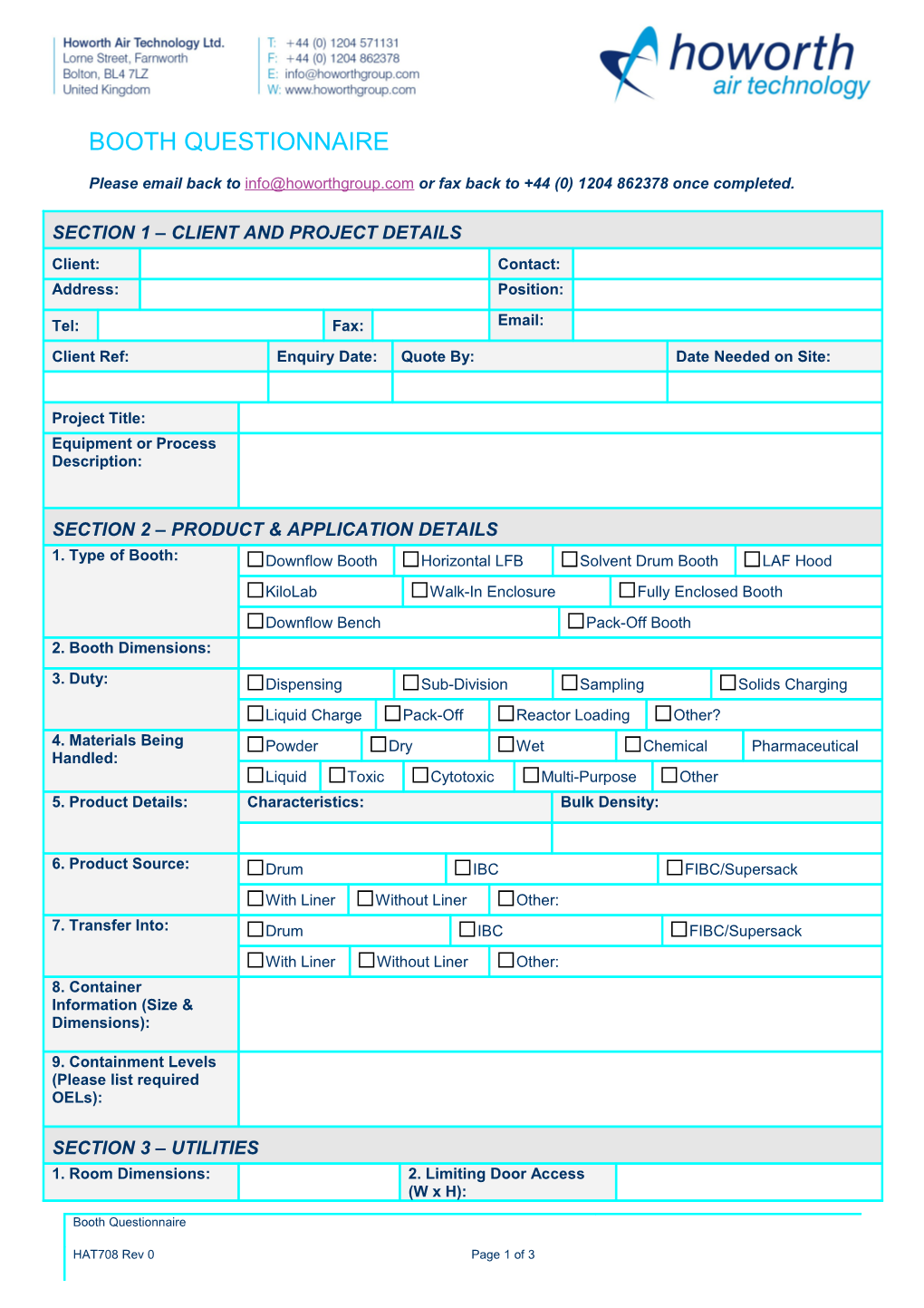 Please Email Back to Or Fax Back to +44 (0) 1204 862378 Once Completed