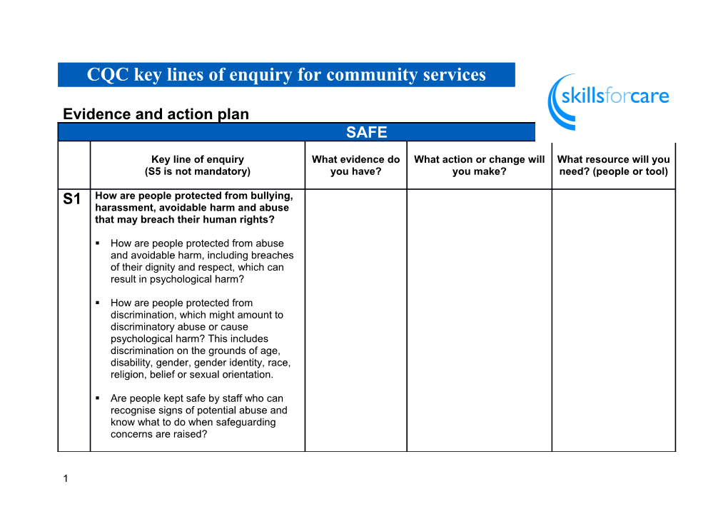 CQC Key Lines of Enquiry for Community Services - Evidence and Action Plan