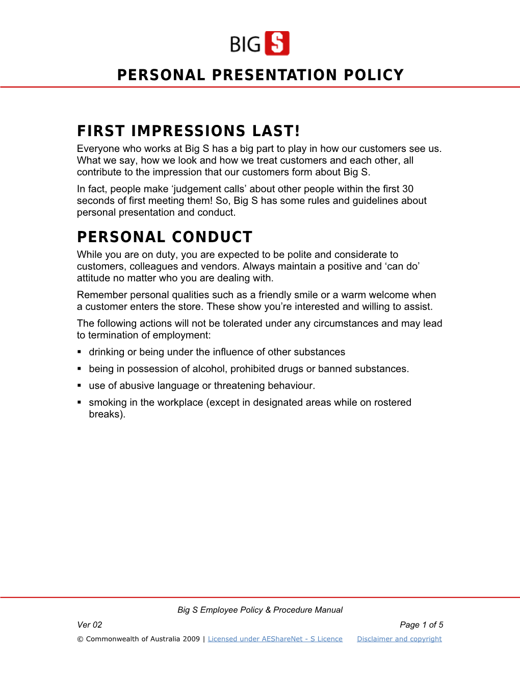 Personal Presentation Policy s1