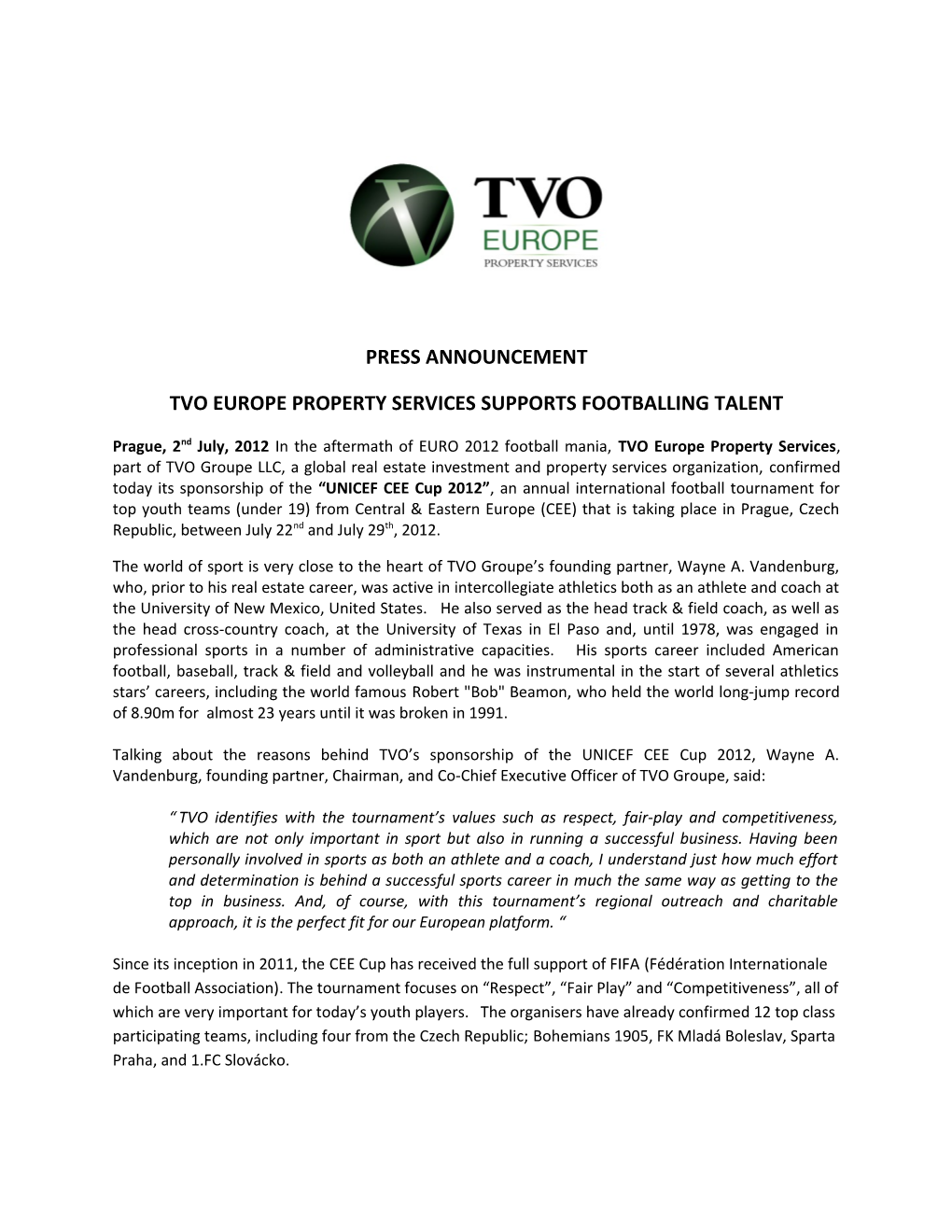 Tvo Europe Property Services Supports Footballing Talent