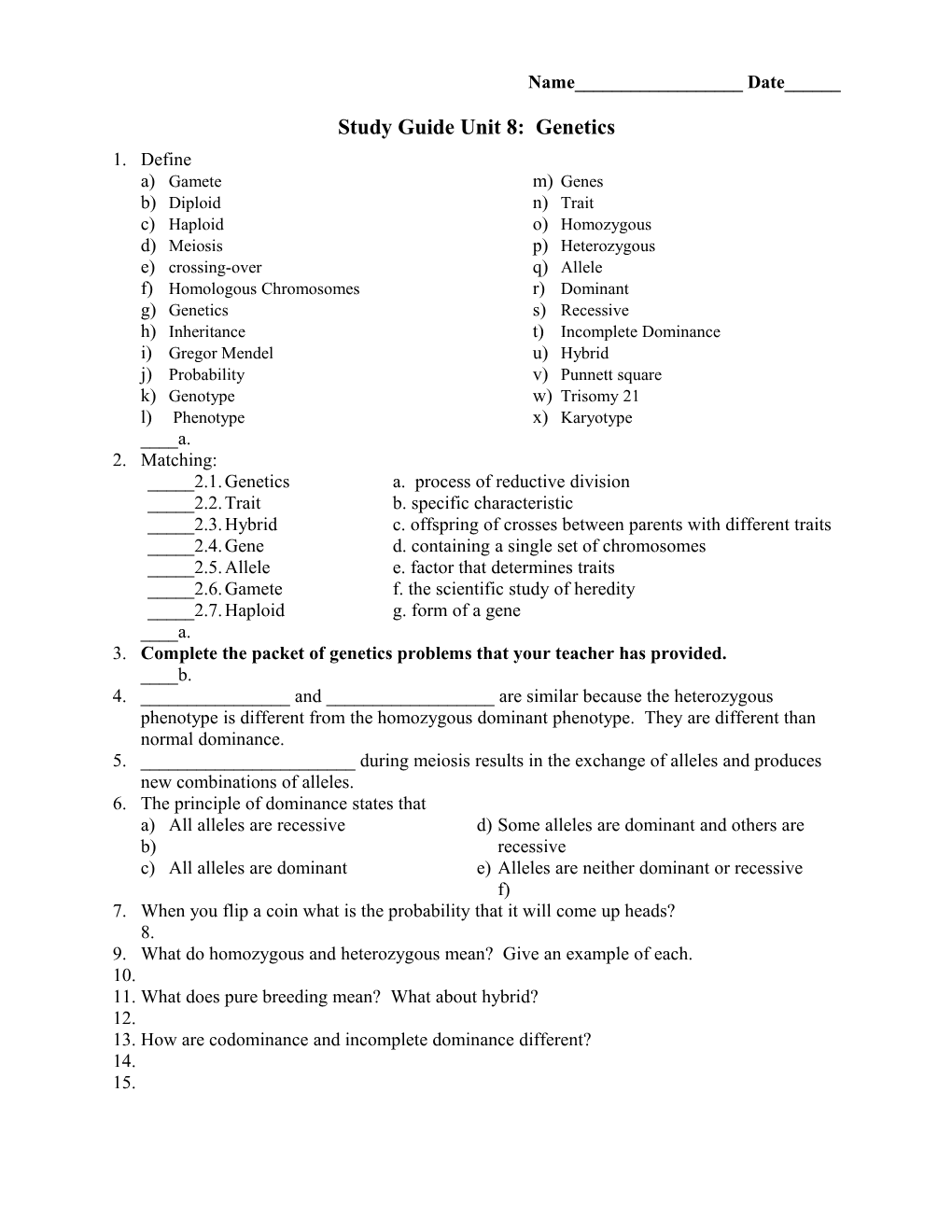 Study Guide Unit 8: Genetics