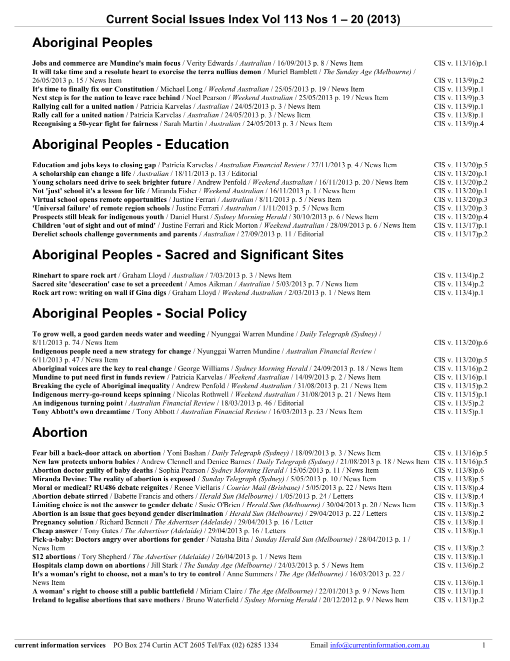 Current Social Issues Index Vol 113 Nos 1 20 (2013)