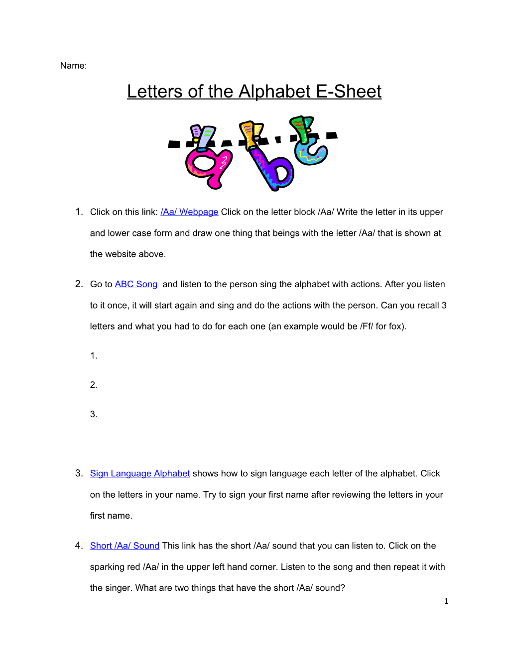 Letters of the Alphabet E-Sheet