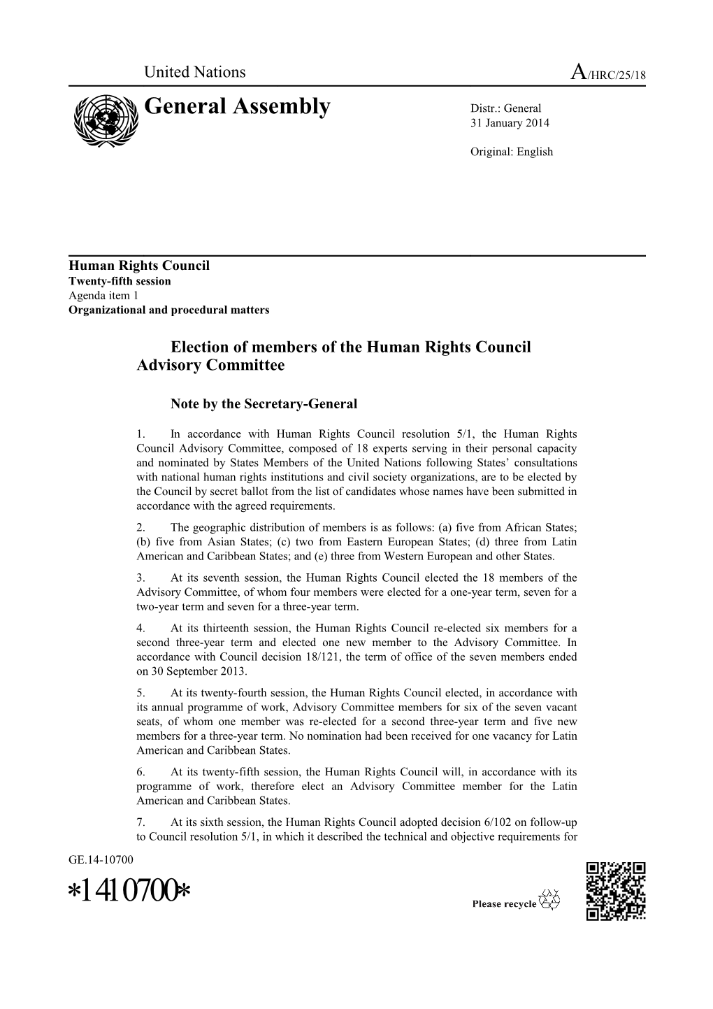 Election of Members of the Human Rights Council Advisory Committee