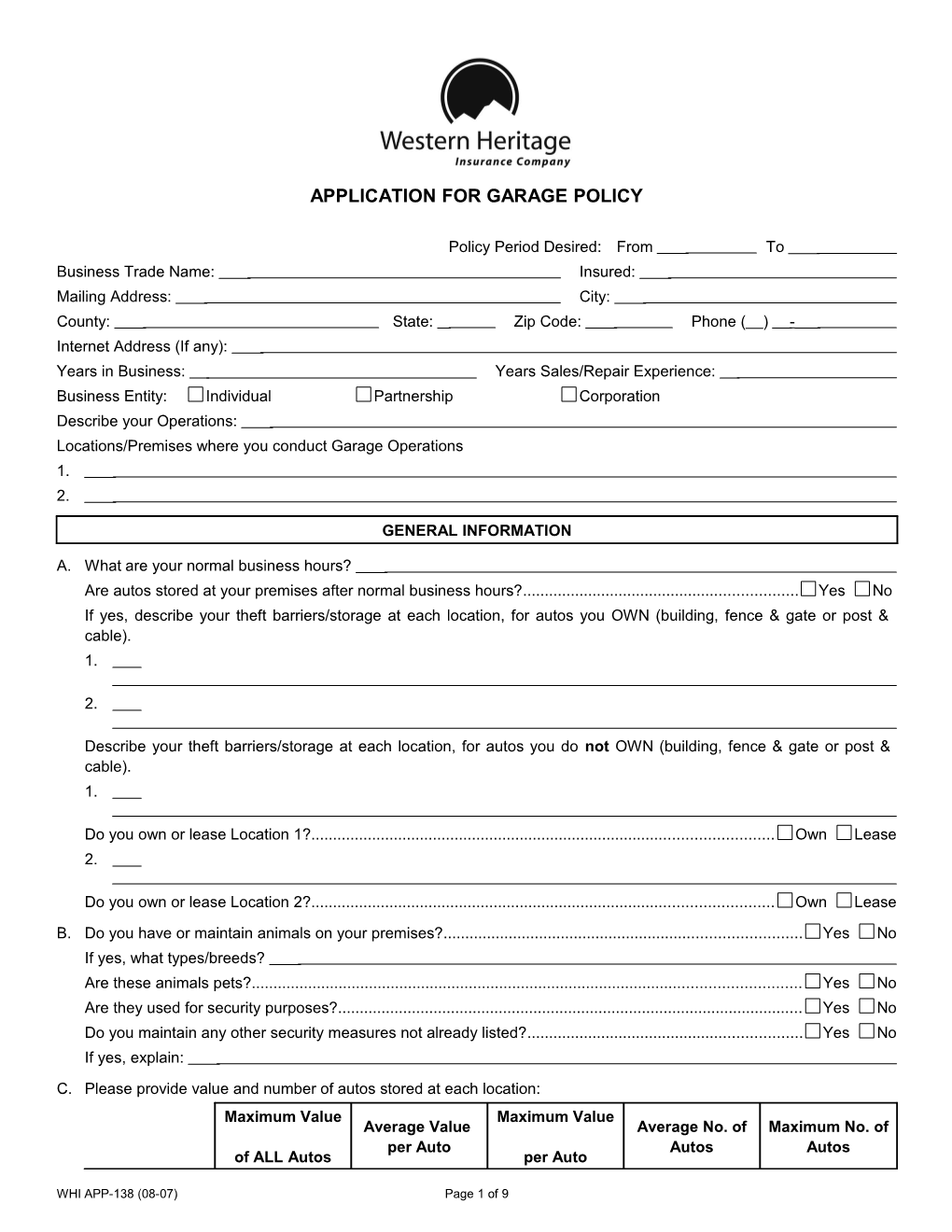 Application for Garage Policy