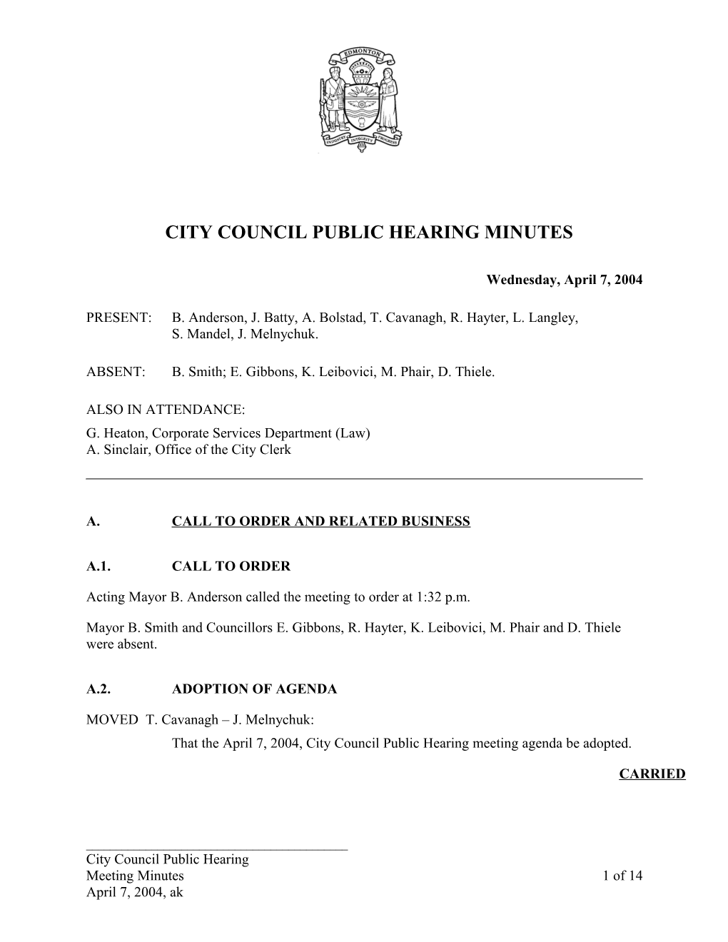 Minutes for City Council April 7, 2004 Meeting