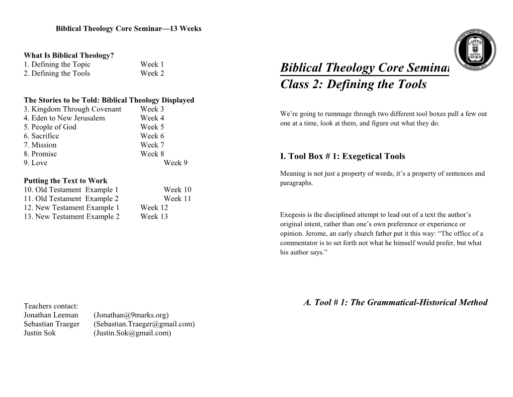 Biblical Theology Core Seminar 13 Weeks