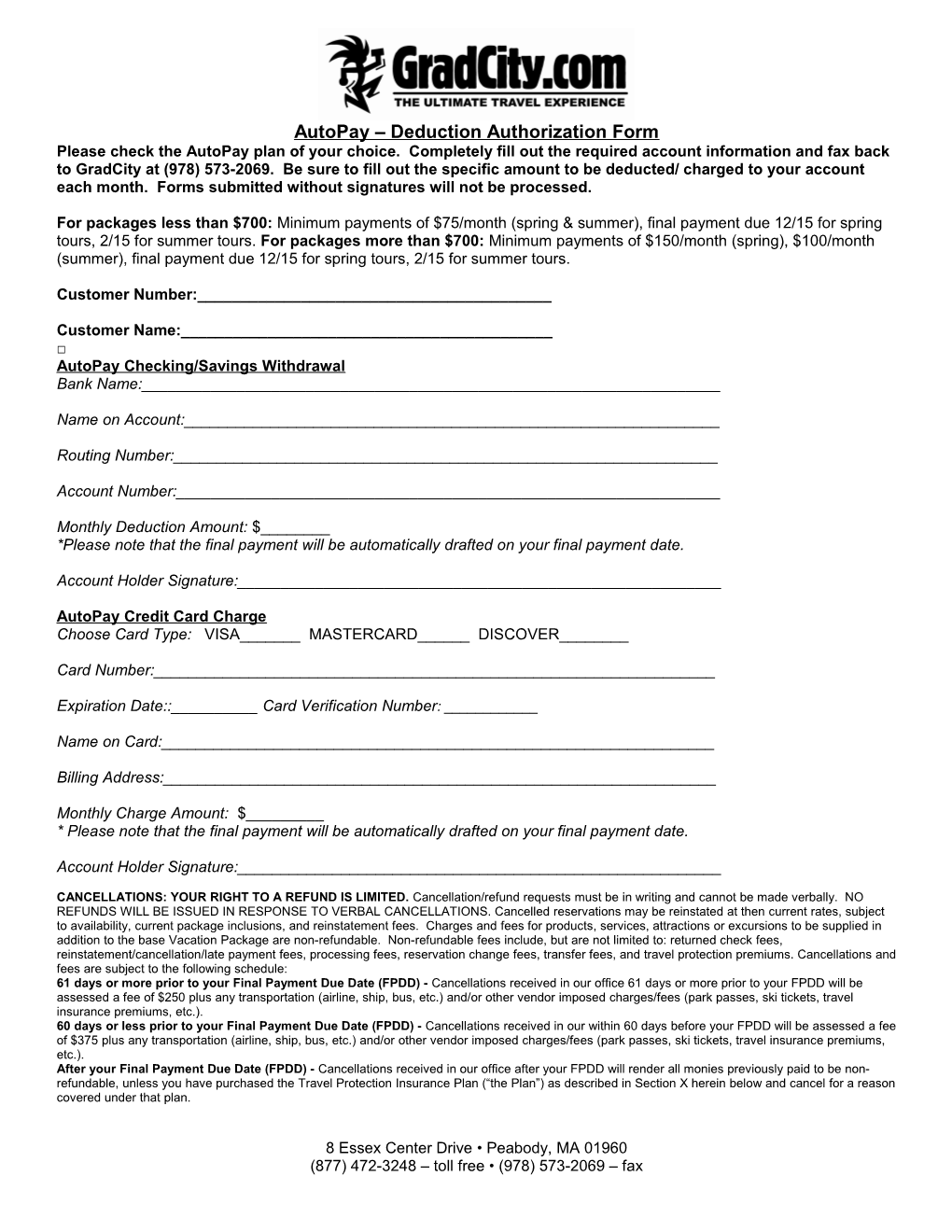 Autopay Deduction Authorization Form