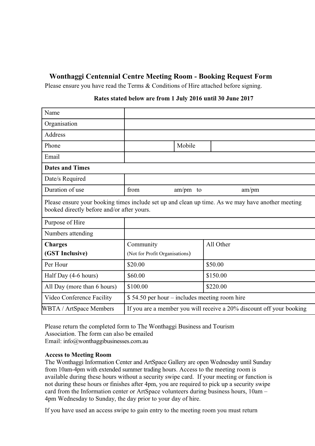 Wonthaggi Centennial Centre Meeting Room - Booking Request Form