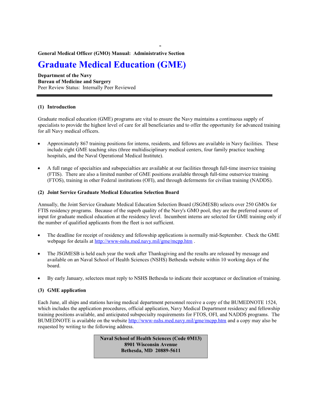 General Medical Officer (GMO) Manual: Graduate Medical Education (GME)