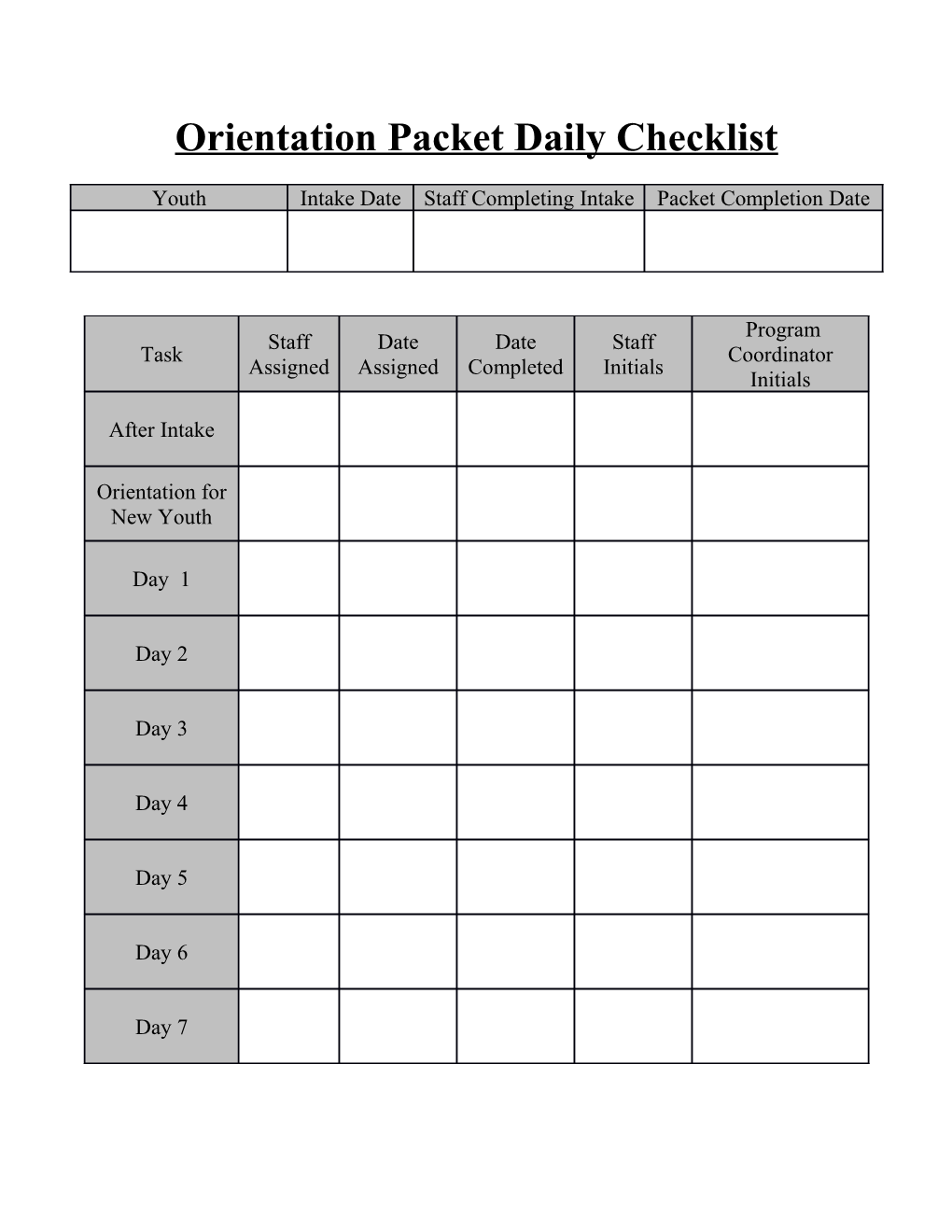 Orientation Packet Daily Checklist