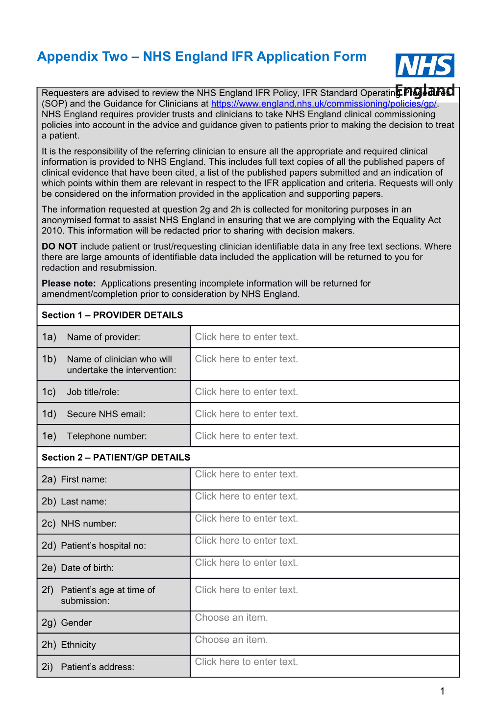Appendix Two NHS England IFR Application Form
