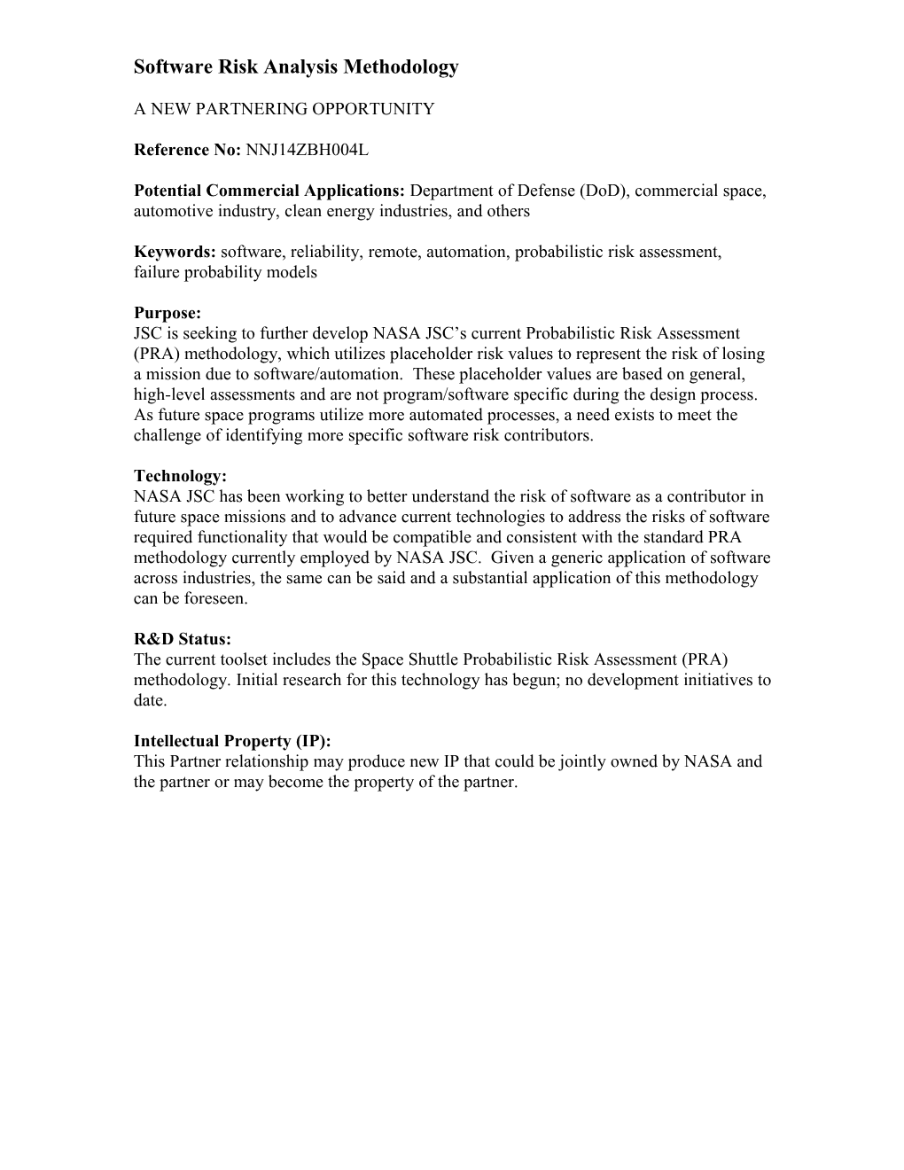 Software Risk Analysis Methodology