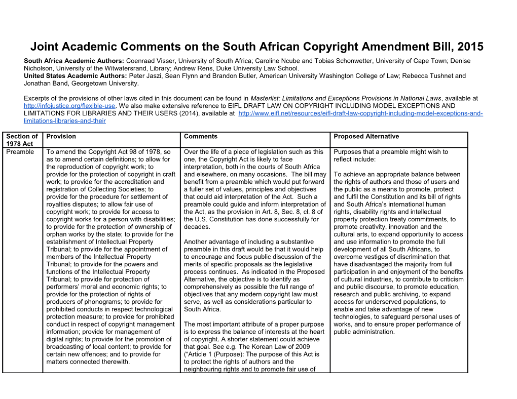 Joint Academic Comments on the South African Copyright Amendment Bill, 2015