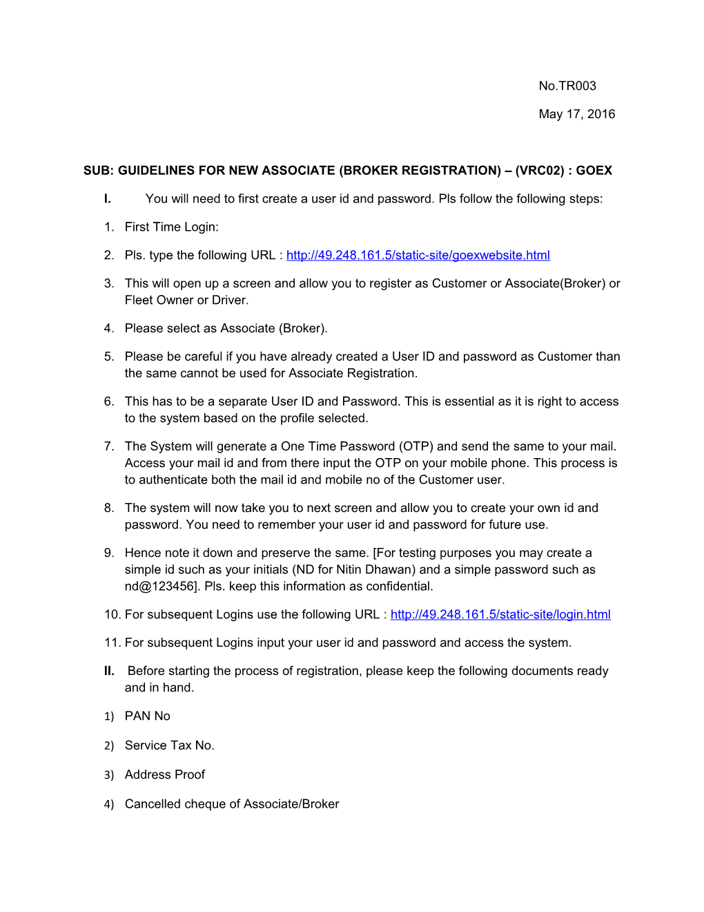 Sub: Guidelines for New Associate (Broker Registration) (Vrc02) : Goex