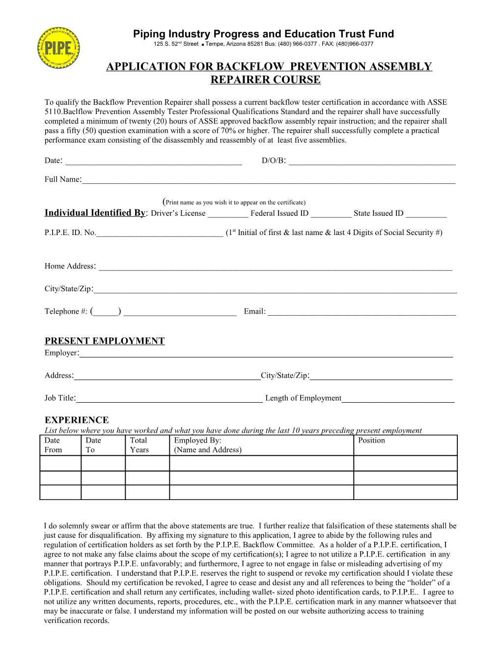 Application for Medical Gas Brazer Certification