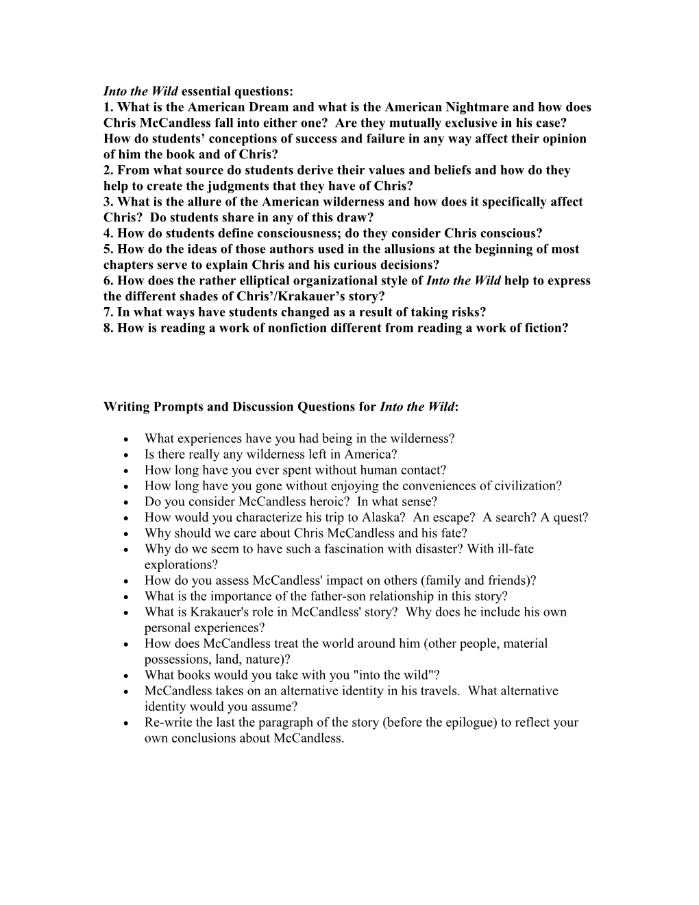Into The Wild Essential Questions: