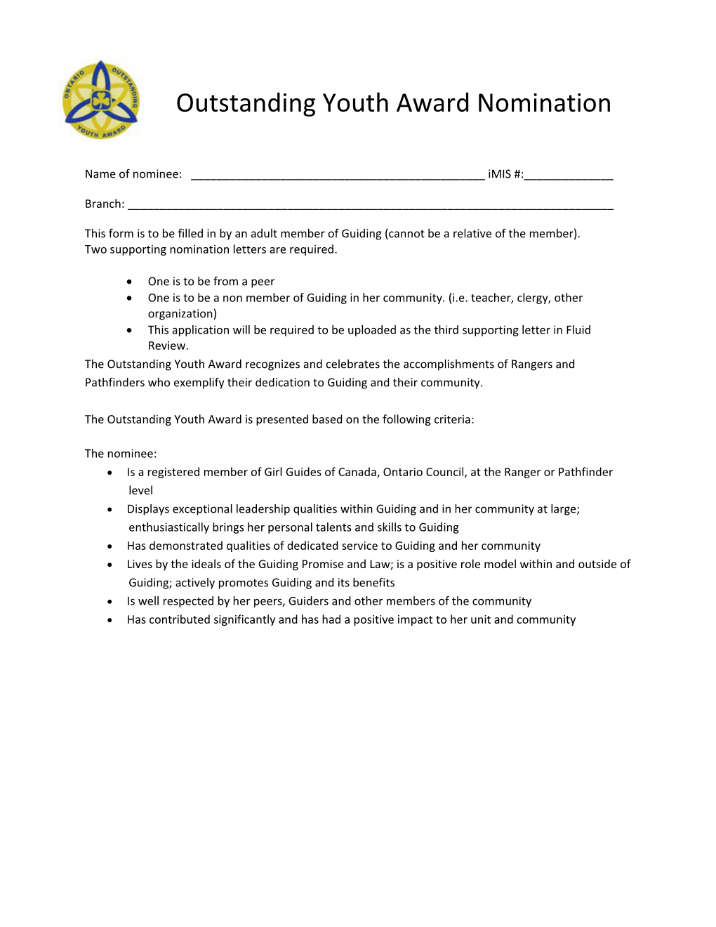 Outstanding Youth Award Nomination
