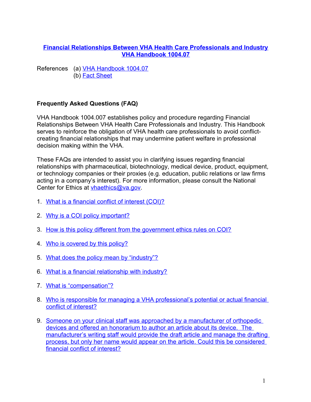 VHA Handbook 1004.07 Faqs - Financial Relationships Between VHA Health Care Professionals And Industry