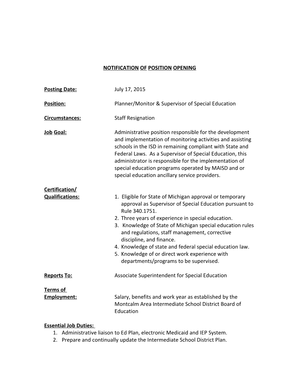 Notification of Position Opening