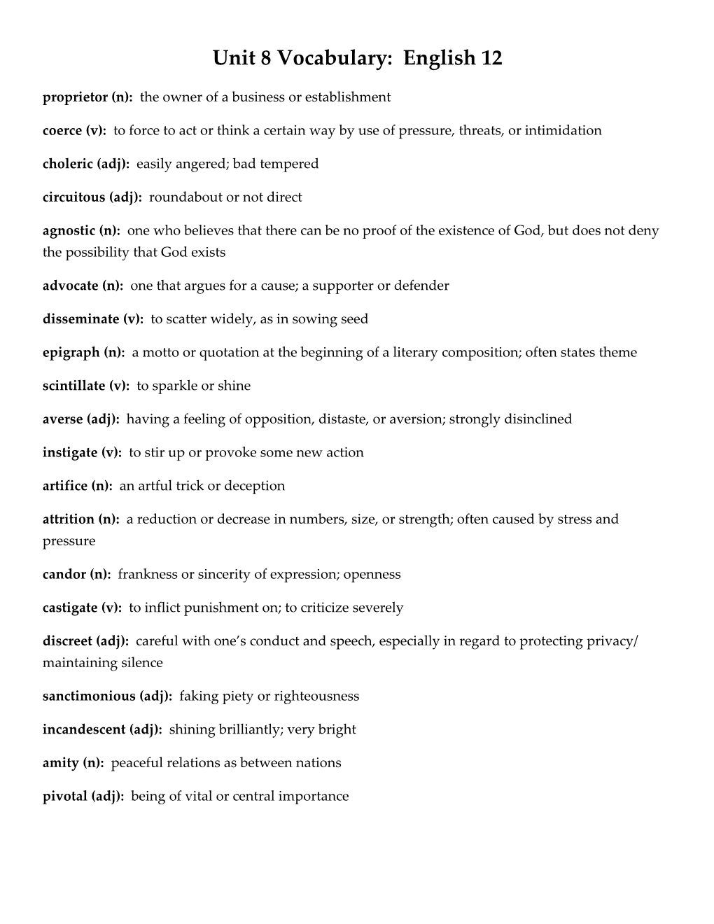 Unit 8 Vocabulary: English 12