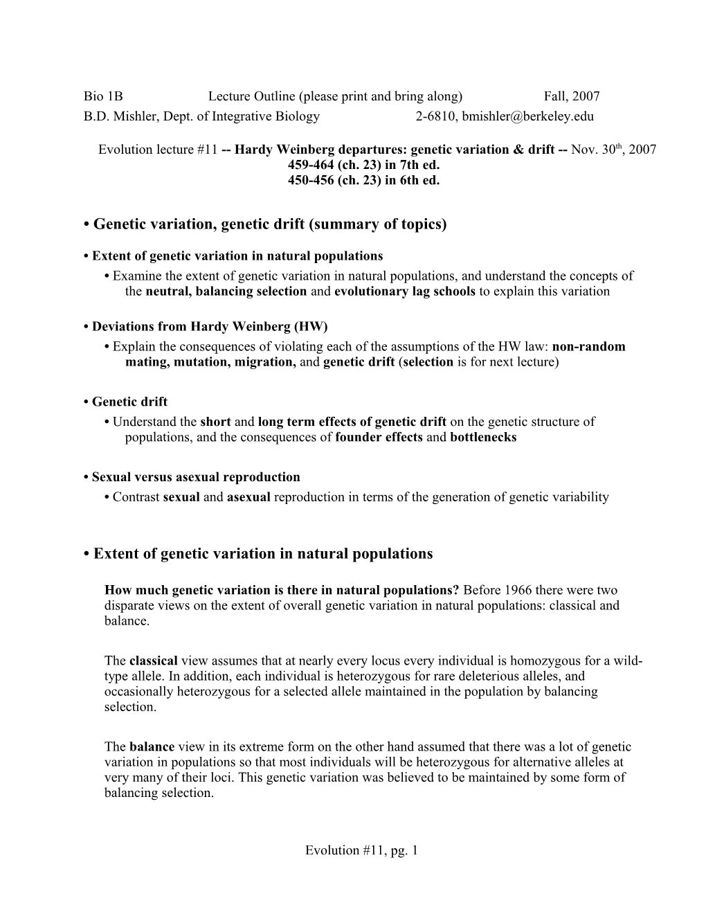 Bio 1B Lecture Outline (Please Print and Bring Along) Fall, 2007