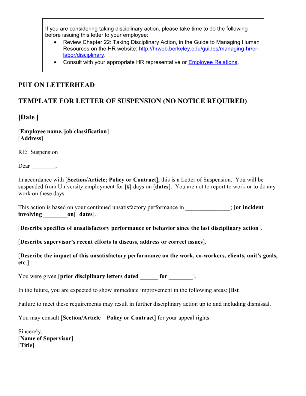 Template for Letter of Suspension (No Notice Required)