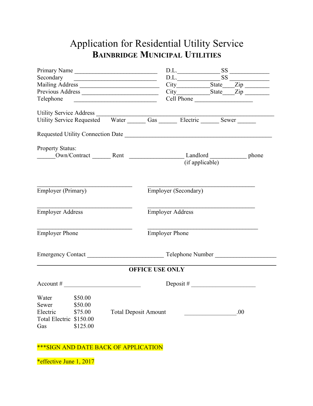 Application for Residential Utility Service