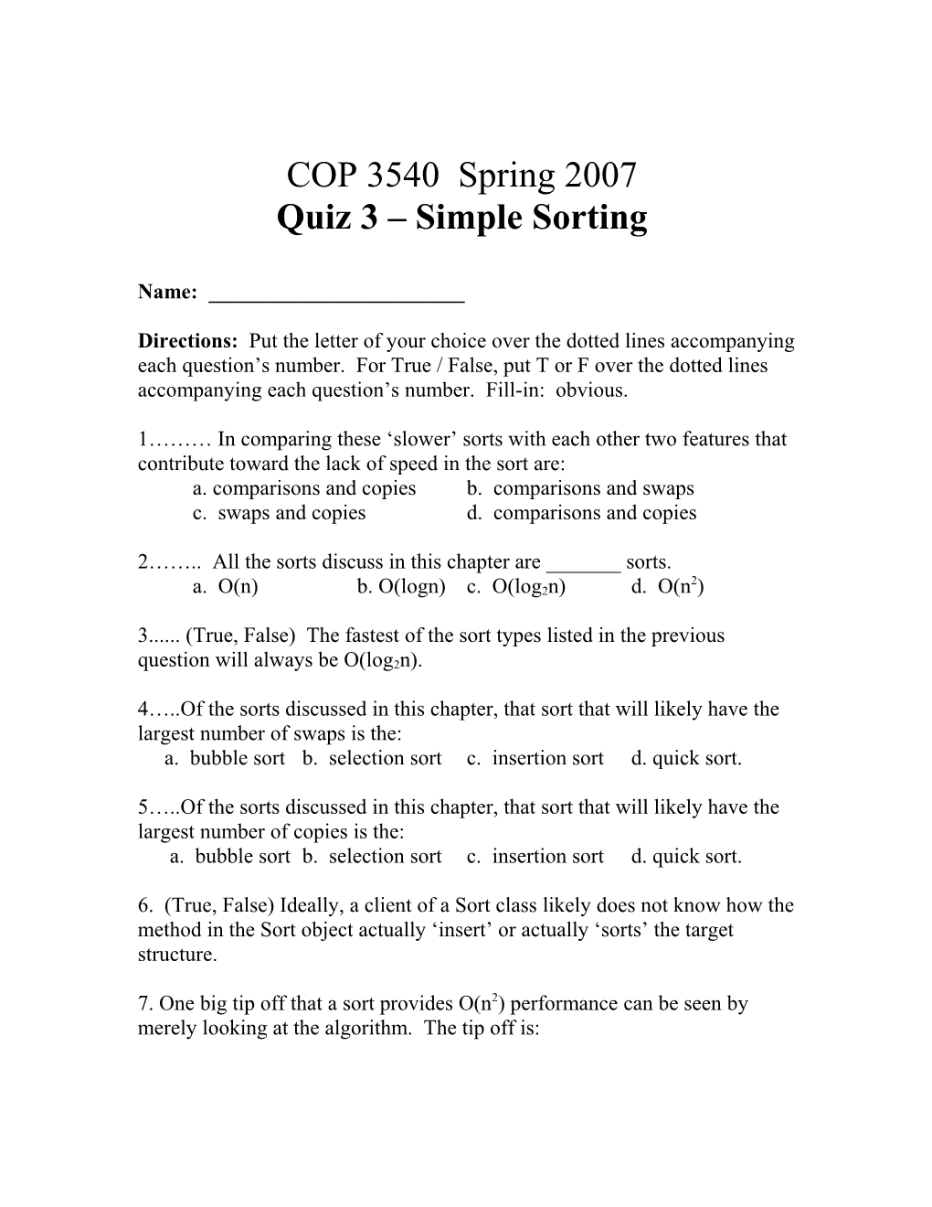 Quiz 3 Simple Sorting