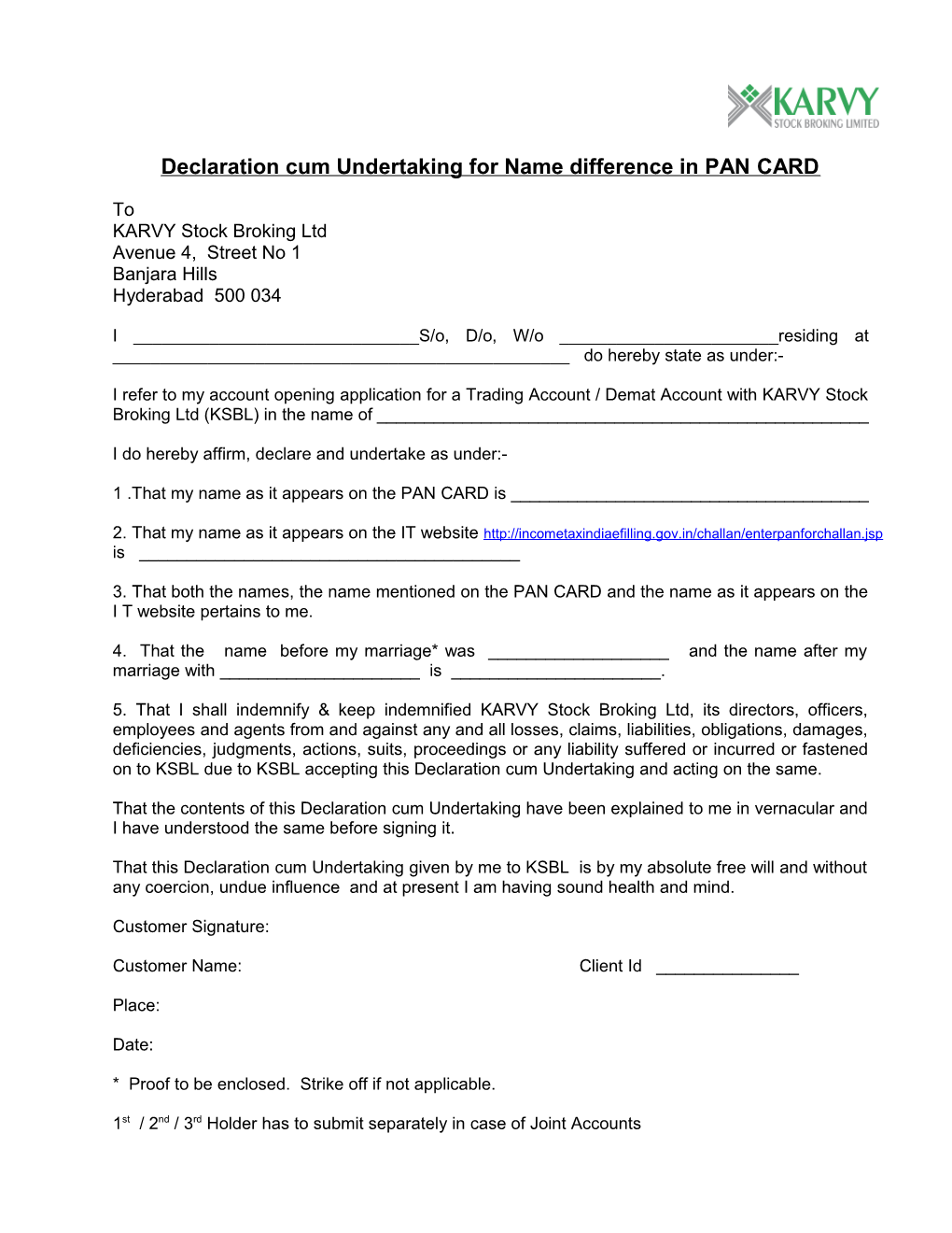 Declaration Cum Undertaking for Name Difference in PAN CARD