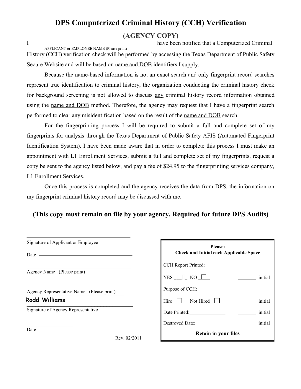 DPS Computerized Criminal History (CCH) Verification s2