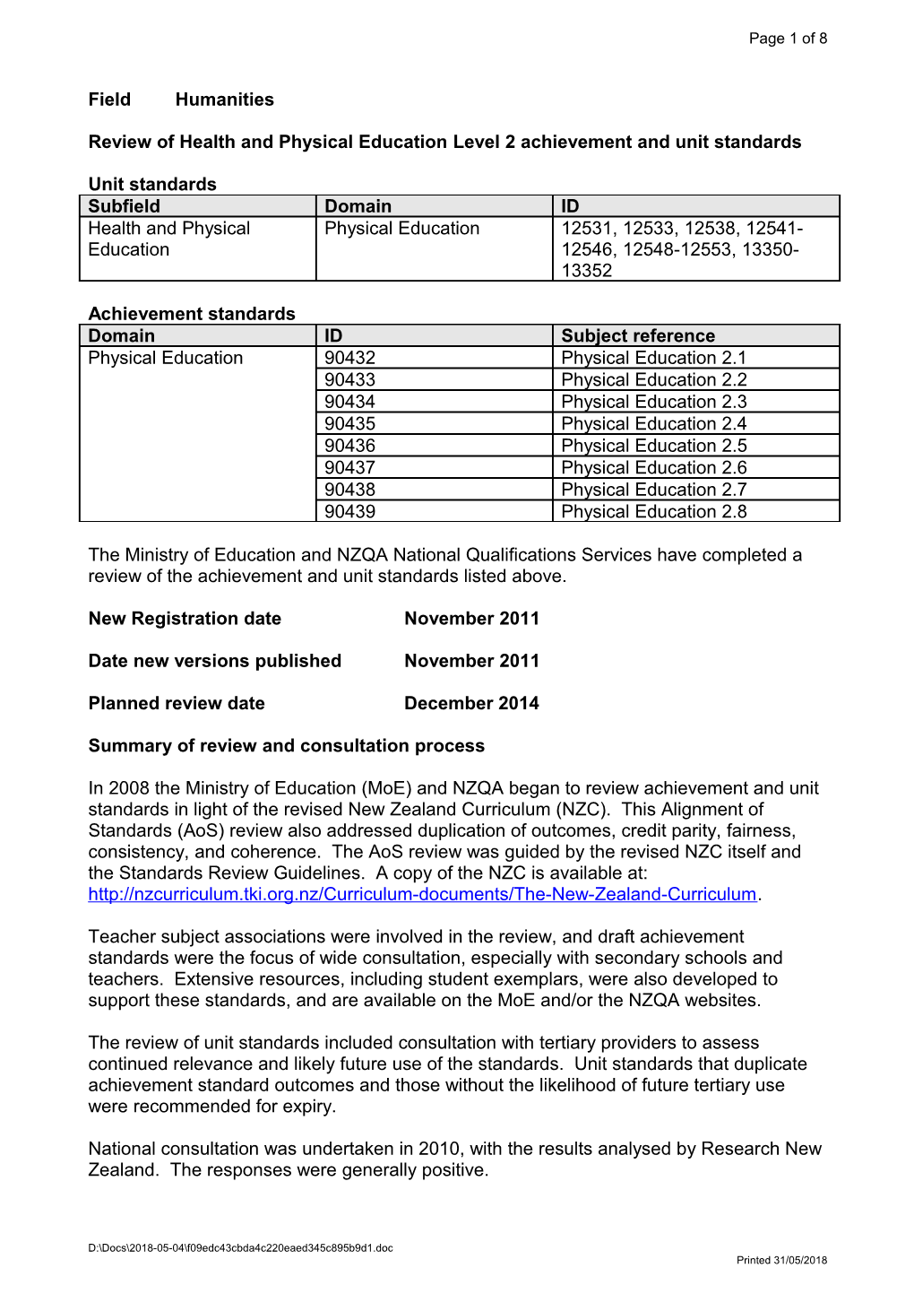 Review of Health and Physical Education Level 2 Achievement and Unit Standards