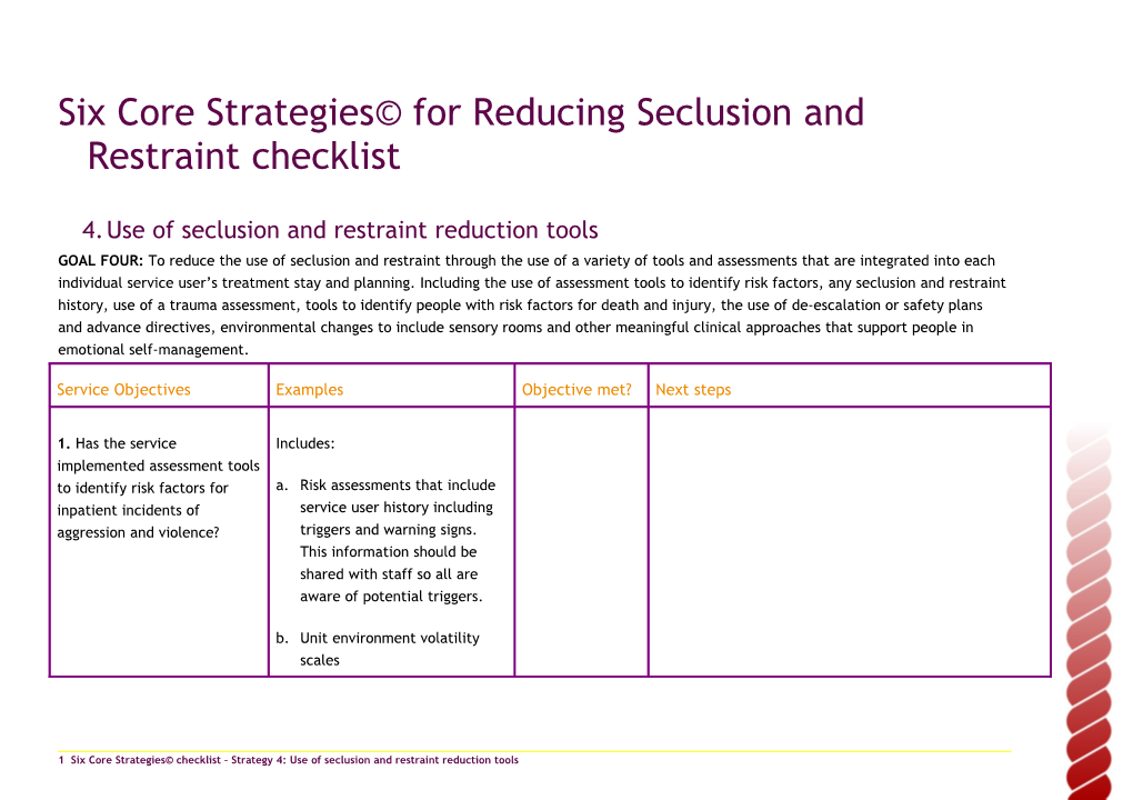 Six Core Strategies for Reducing Seclusion and Restraint Checklist