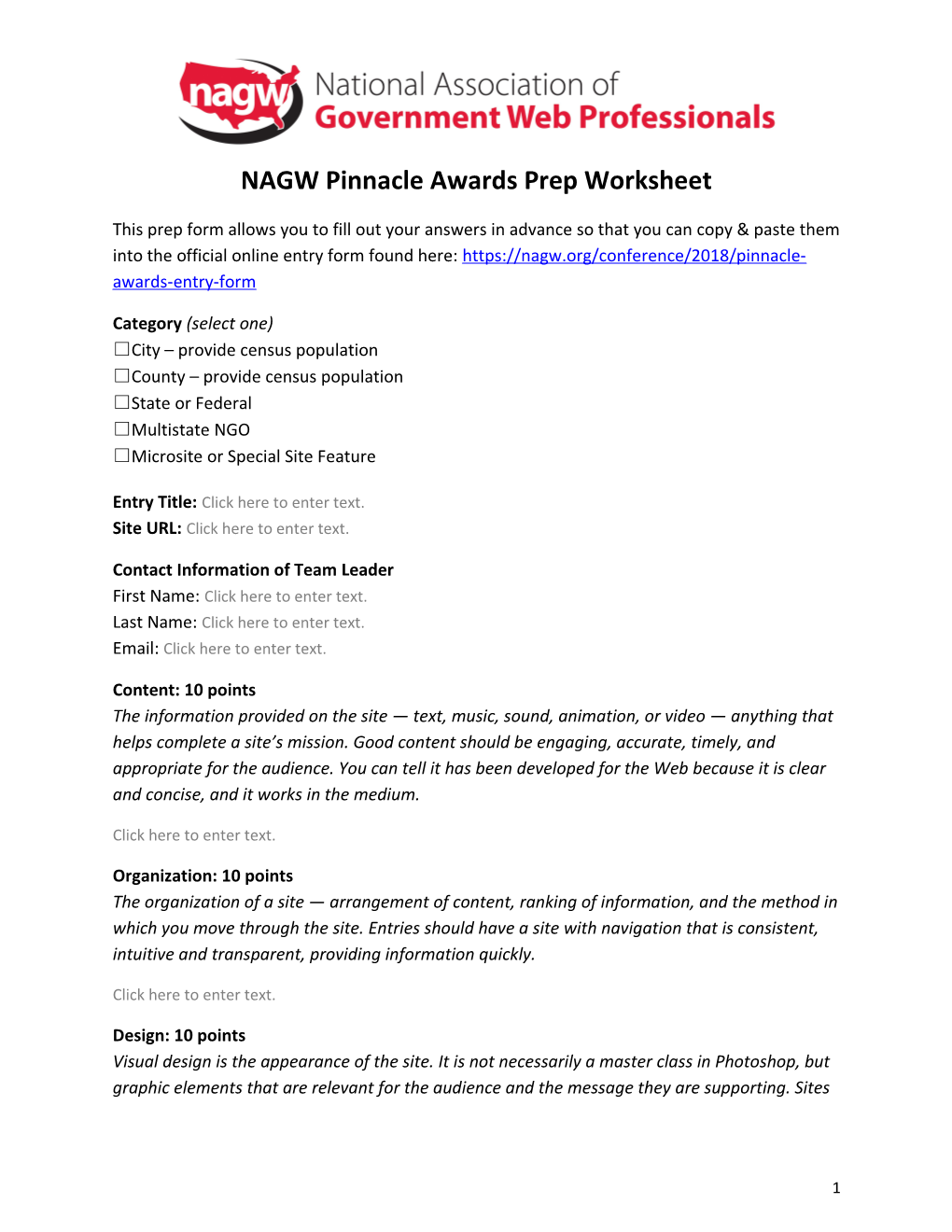 NAGW Pinnacle Awards Prep Worksheet