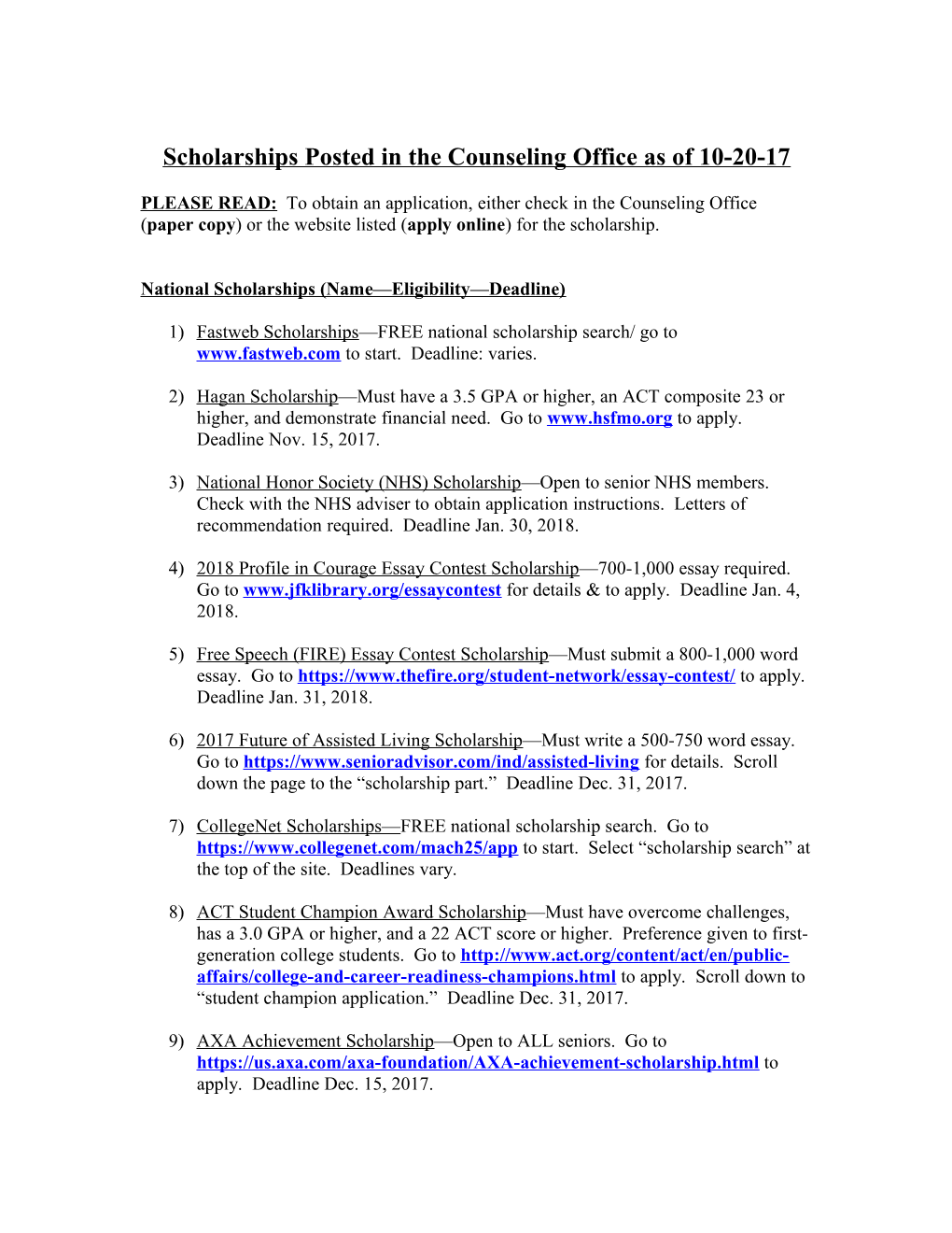 Scholarships Posted in Guidance As of 2-19-08