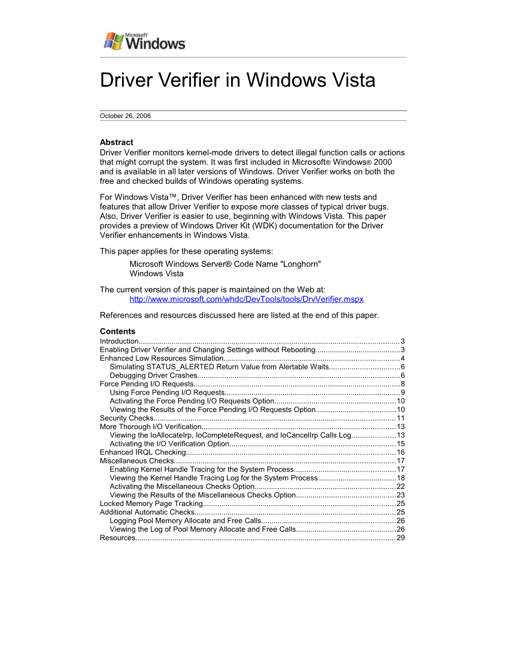 Driver Verifier in Windows Vista