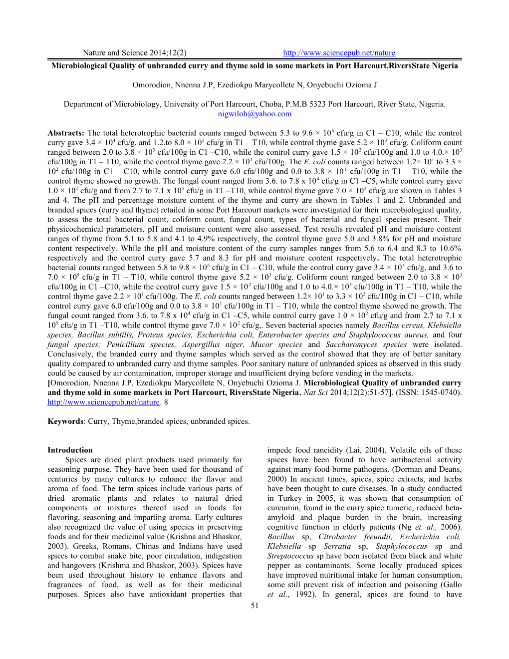 Microbiological Quality of Unbranded Curry and Thyme Sold in Some