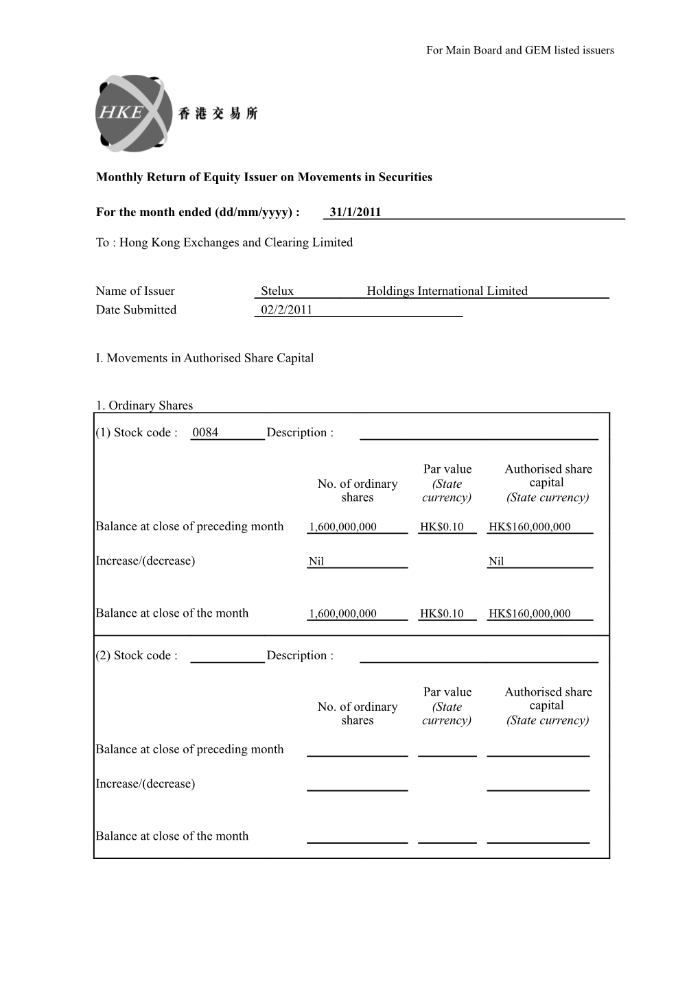 Monthly Return of Equity Issuer on Movements in Securities s7