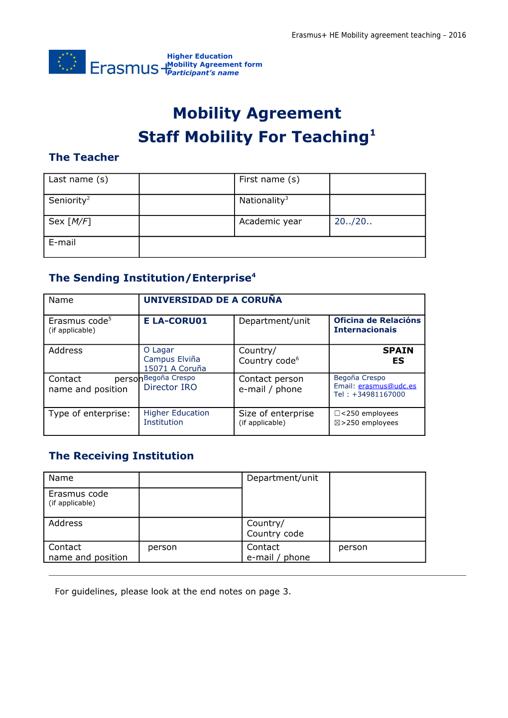 Erasmus+ HE Mobility Agreement Teaching 2016
