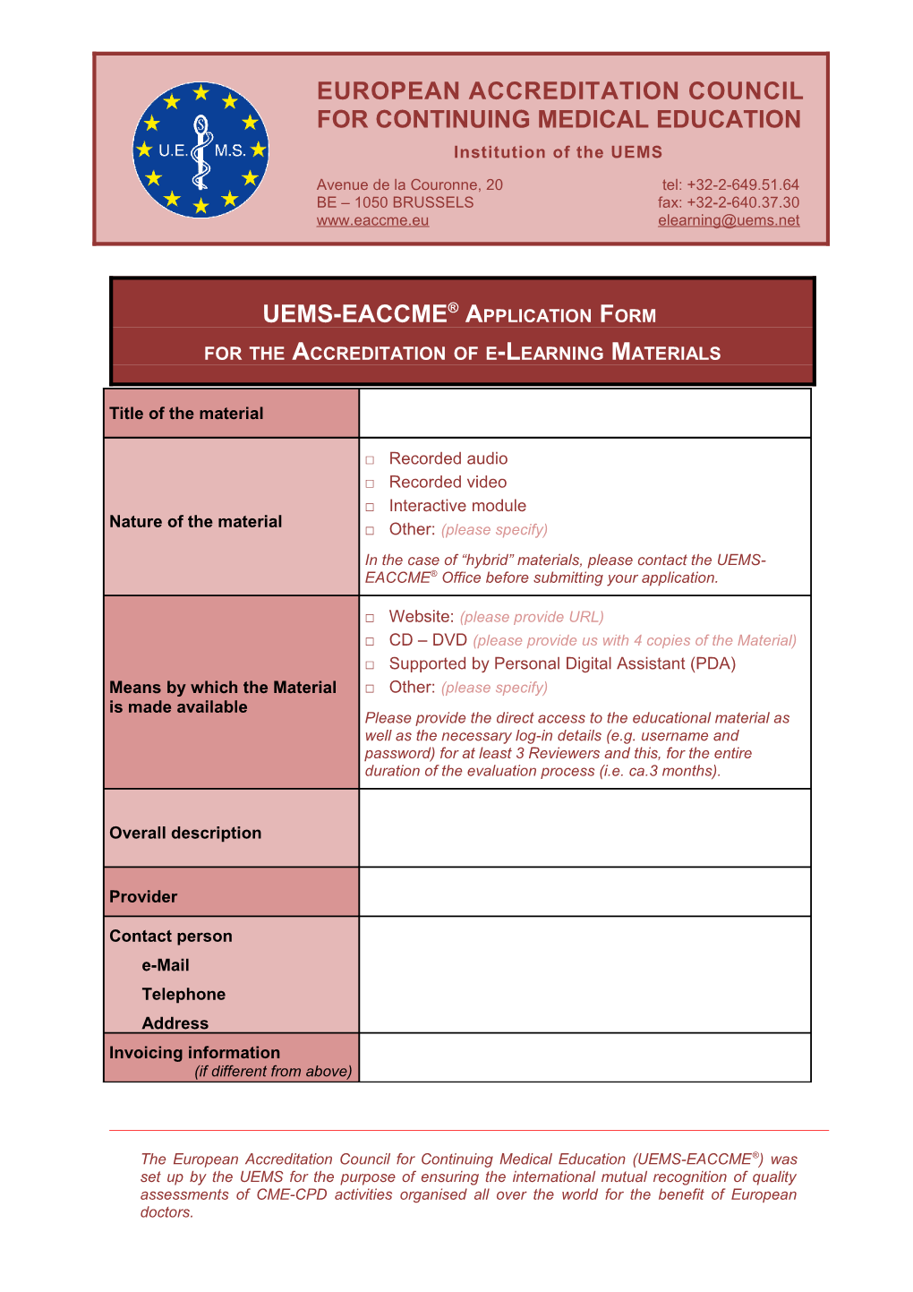 UEMS-EACCME Application Form