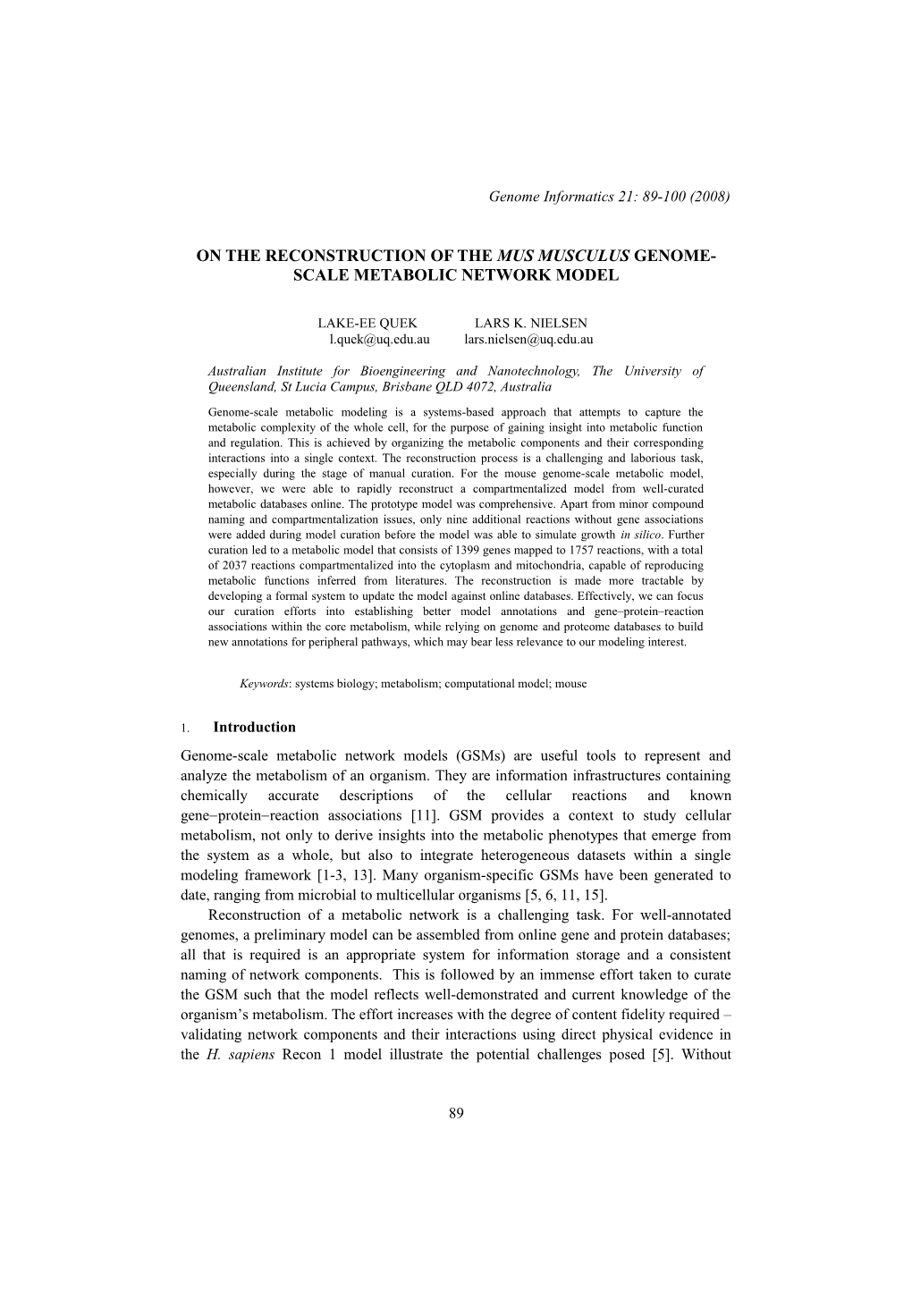 On the Reconstruction of the Mus Musculusgenome-Scale Metabolic Network Model