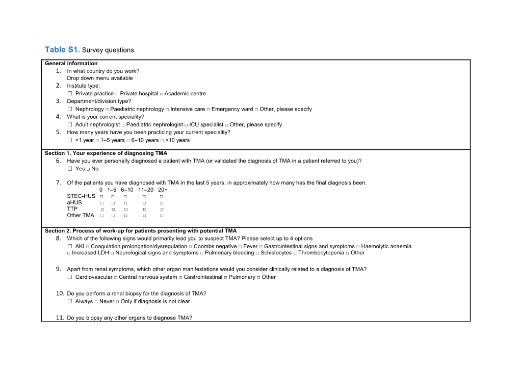 Table S1. Survey Questions