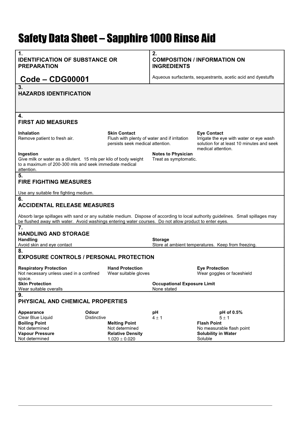 Safety Data Sheet Sapphire 1000 Rinse Aid