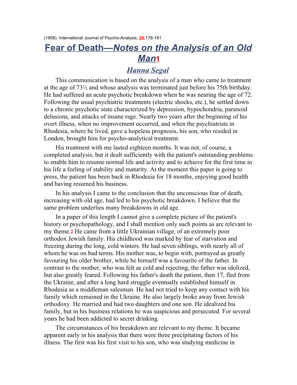 Fear of Death Notes on the Analysis of an Old Man1