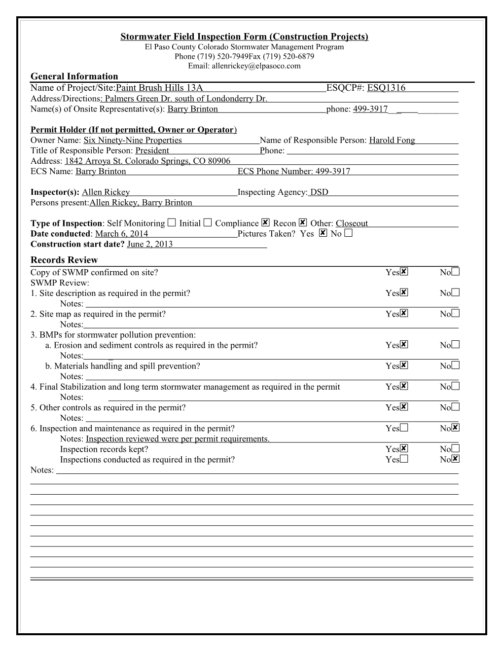 Stormwater Inspection Form (Construction Industry)