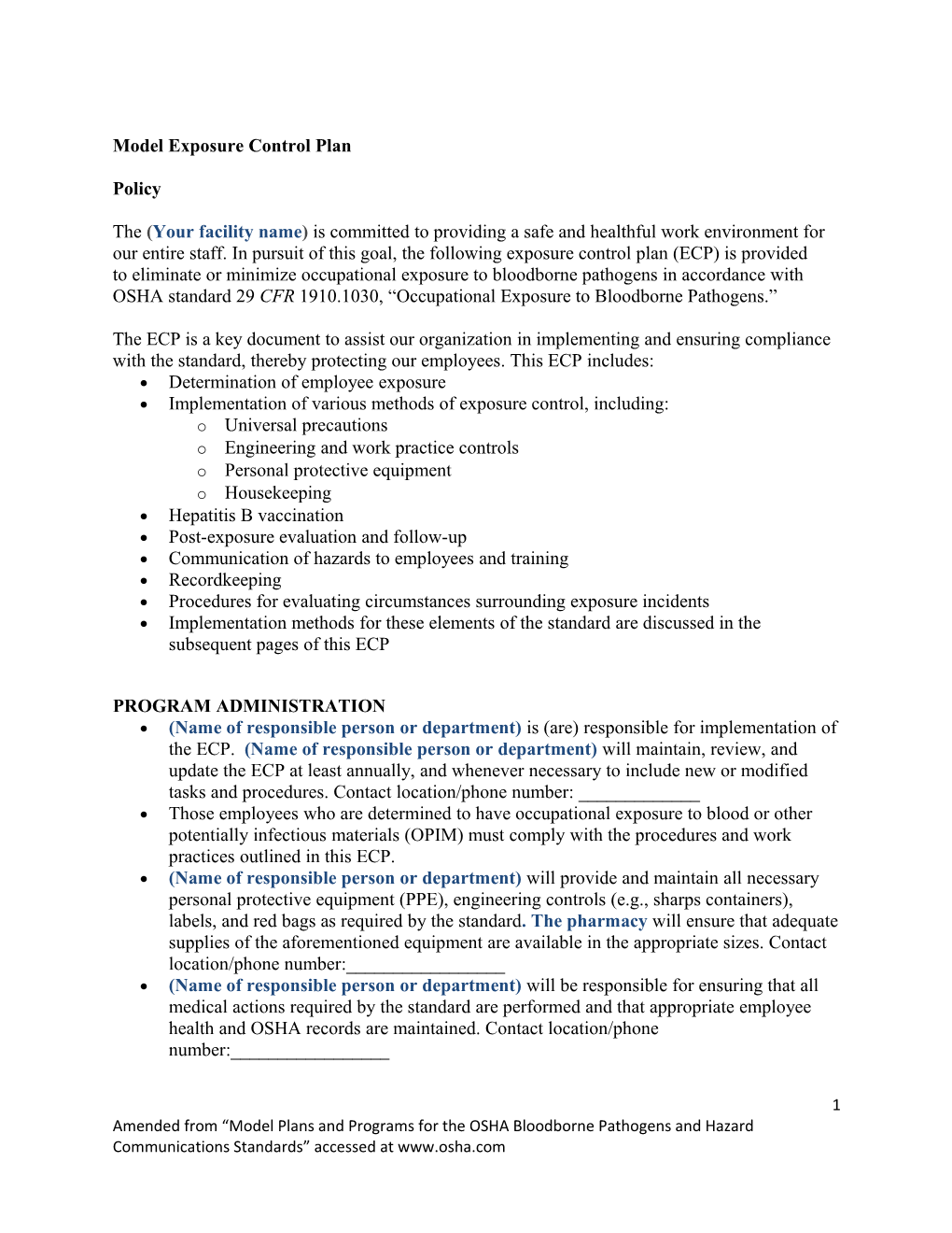 Model Exposure Control Plan